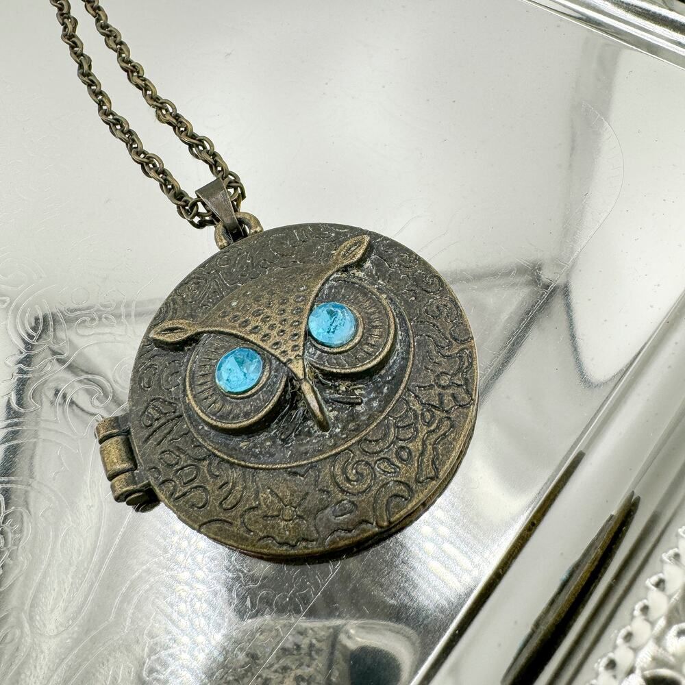 Vintage Owl Locket Necklace Mystical Charm Cottagecore Bohemian Blue